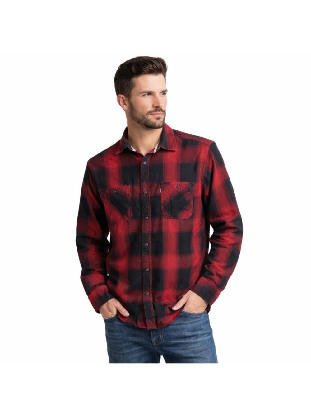 Levis Shirt Mens Large Red Black Plaid Button Up Long Sleeve Collared Pockets